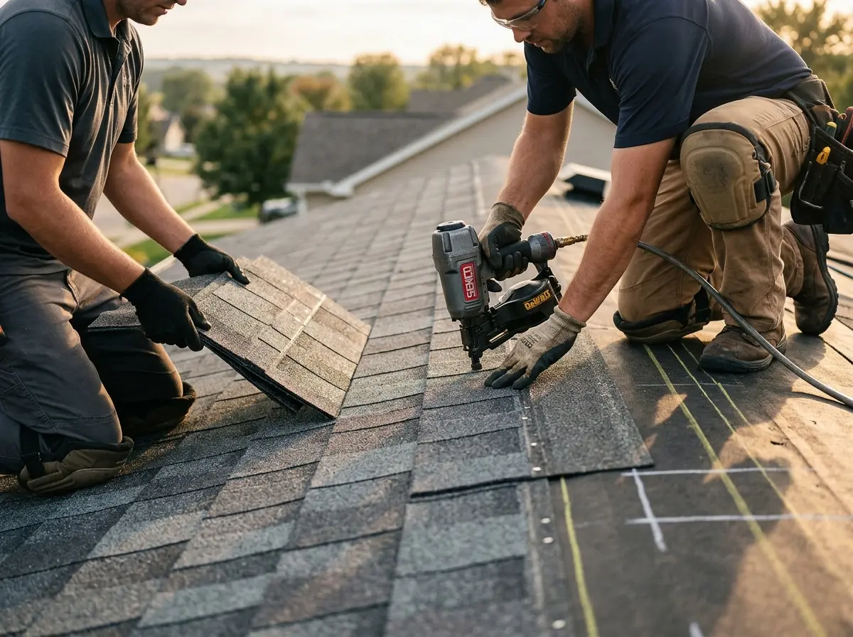 Professional roofer working on a residential roof in Urbandale